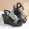 Silver Glitter Butterfly Decoration Straps Sandals Women 2025 Summer Chunky Platform Wedge Heels Shoes Sexy Black Party Shoes
