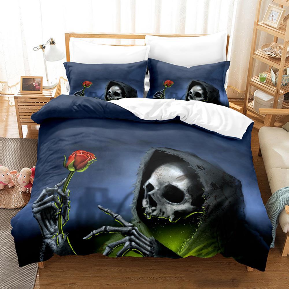 Комплект постельного белья Roses and Skulls All Season Twin Single Twin Full Queen King Size Bed Set Aldult Kid Bedroom Duvetcover Sets Anime