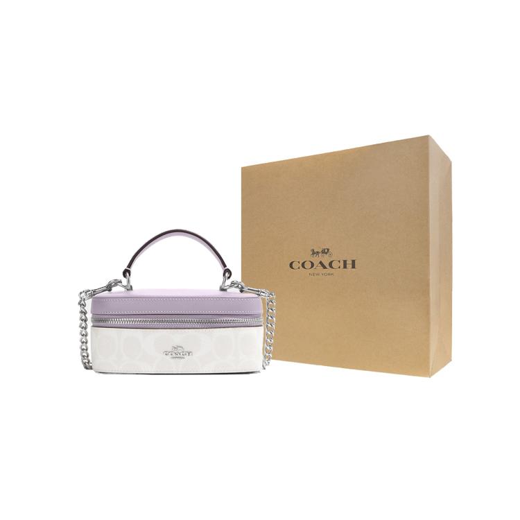 New COACH Canvas With Leather Box Bag, Handbag, Shoulder Bag, Crossbody Bag Trumpets Women's White & Purple CJ522-SVVVJ