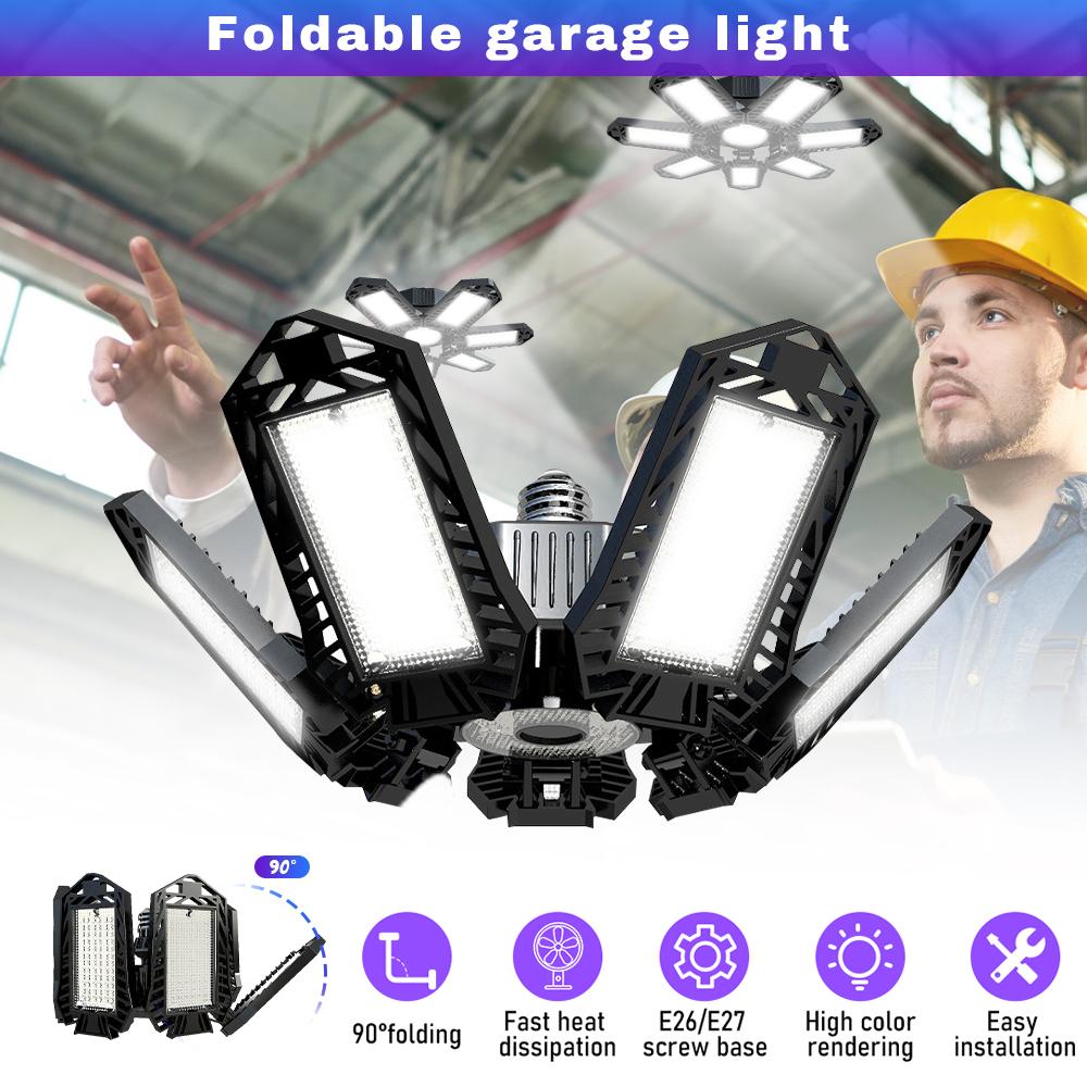 Folding Garage Lighting 120W LED Light E26 E27 Ceiling Lamp LED High Bay Lights UFO Deformable Bulb Garagenleuchte for Workshop
