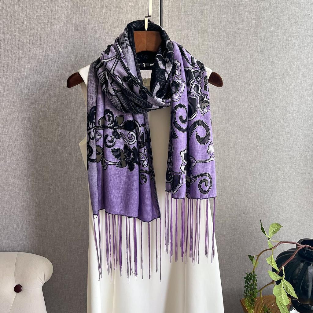 Этнический стиль кружевной шелковый шарф женский тренд мода бахрома вышивка тренд тонкий шарф шаль