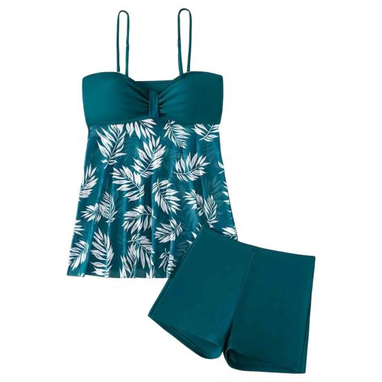 2Pcs/Set Women Summer Swimsuit Set Adjustable Straps Print Mesh Hem Bandeau Tops