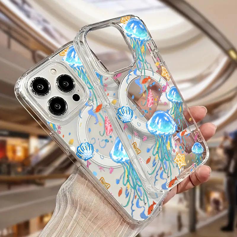 Прозрачный чехол с беспроводной зарядкой для Samsung Galaxy S25 S24 S23 S22 Ultra Plus S21 FE Милый узор медузы и рыбы