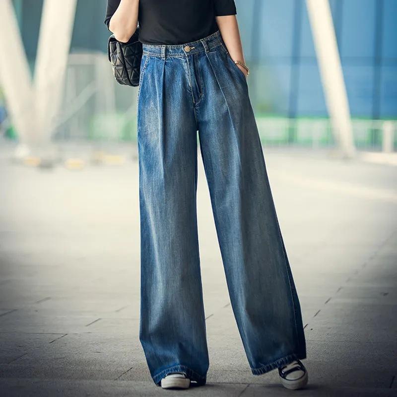 Nostalgic Jeans, Retro High Waisted Slimming Fashion Women's Wide Leg Pants, Loose Casual Pants, Denim Pants