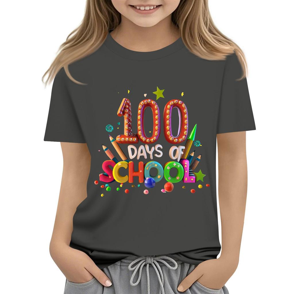 Happy 100th Day Of School Girls Boys Short Sleeve T Shirts Kids Tops Crewneck Tees