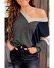 Black Brushed Contrast Knit V Neck Colorblock Long Sleeve Top