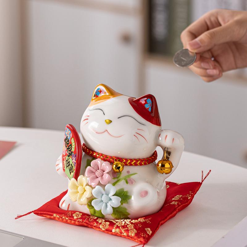 5,2-дюймовая керамическая копилка Maneki Neko, цветок, украшение для счастливого кота, украшение для рабочего стола, центральный элемент, фигурка кота-копилки