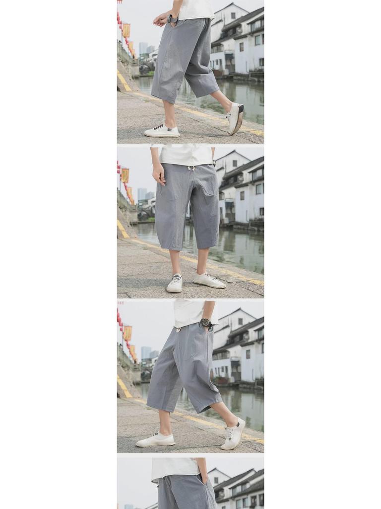 Мужские укороченные брюки широкого кроя из серого хлопка и льна в китайском стиле - летние, свободного кроя, большого размера