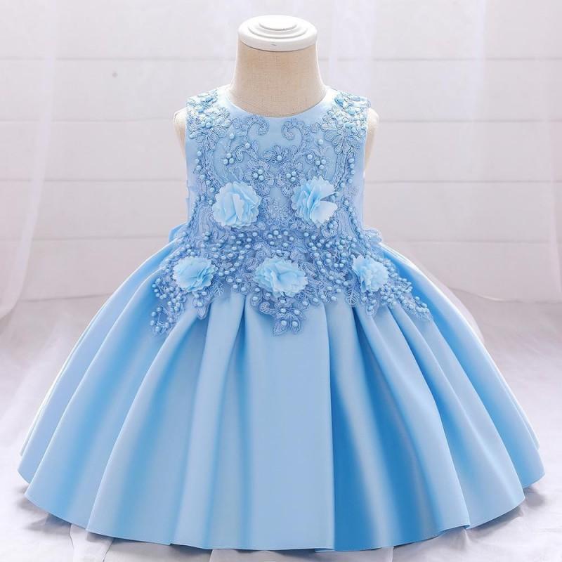 Girls Formal Dress Birthday Party Flower Girl Princess Gown With Lace Applique Satin Bow