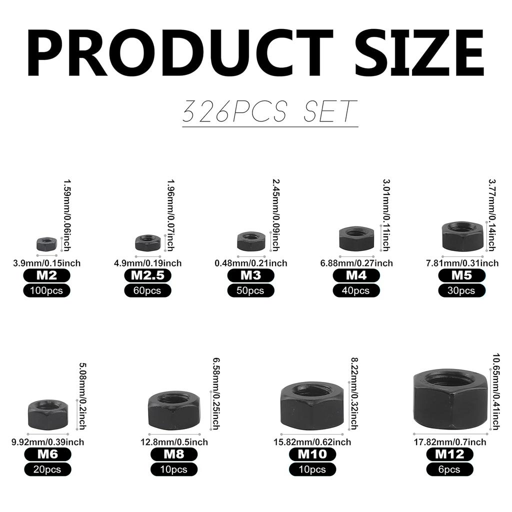 Набор метрических черных шестигранных гаек, 326 шт., 9 моделей (М2-М12), комплект шестигранных гаек из черной углеродистой стали