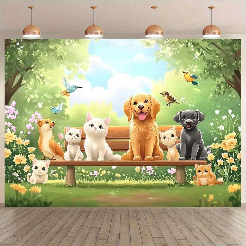 Двумерный фон "Парковая скамейка с милыми животными" для детского дня рождения и гендер-пати