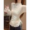 Lace Semi-High Neck Fleece-Lined Long Sleeve T-Shirt - Women's Slim Fit Frayed Hem Undershirt