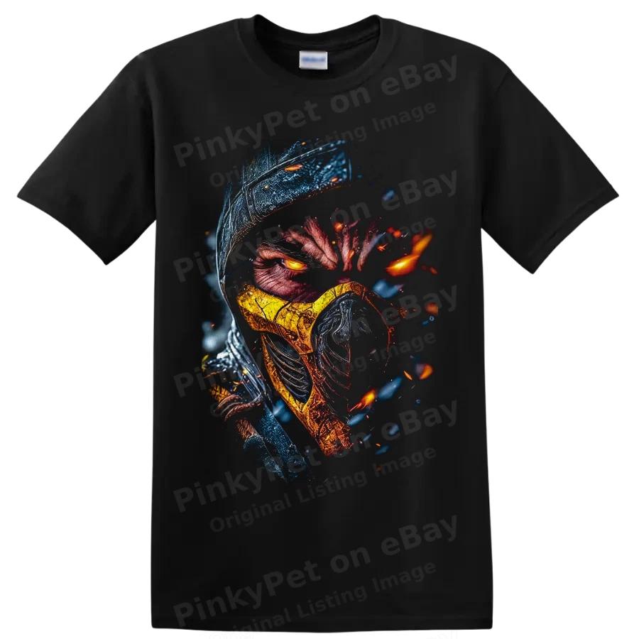 Scorpion Mortal Kombat Ninja T Shirt w Fiery Mask Dark Fantasy Graphic Art Tee