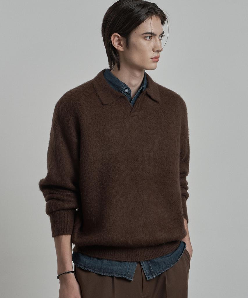 WORK ON BODY OFF Lanugo Semi-Overfit Brush Collar Knit [Brown]
