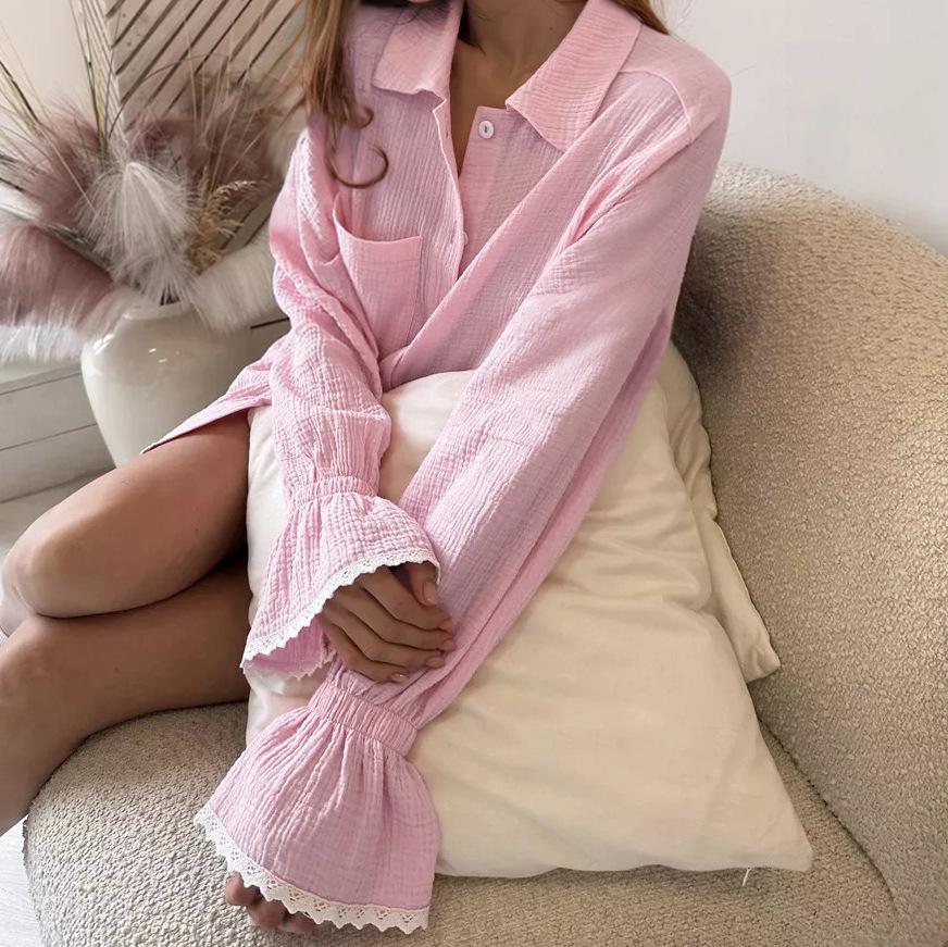 Solid Colour Crepe Cotton Pajamas Long Sleeve Shorts Ruffle Two Piece Set Homewear Ladies