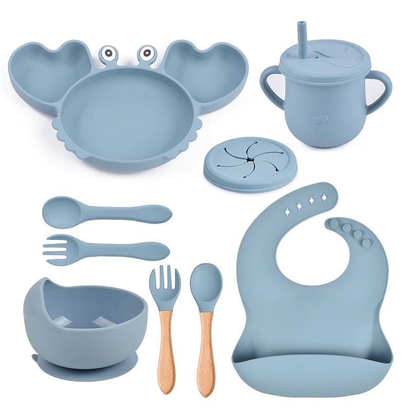 9PCS/Set Baby Silicone Tableware Set Baby Feeding Dishes BPA Free Bowl Plate Bibs Spoon Fork Sets Children Non-slip Dinnerware
