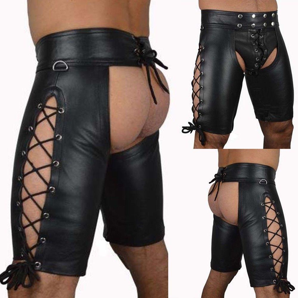 Mens Leather Shorts Knickers Briefs Crotchless Lace-Up Front Underwear Sex Toys
