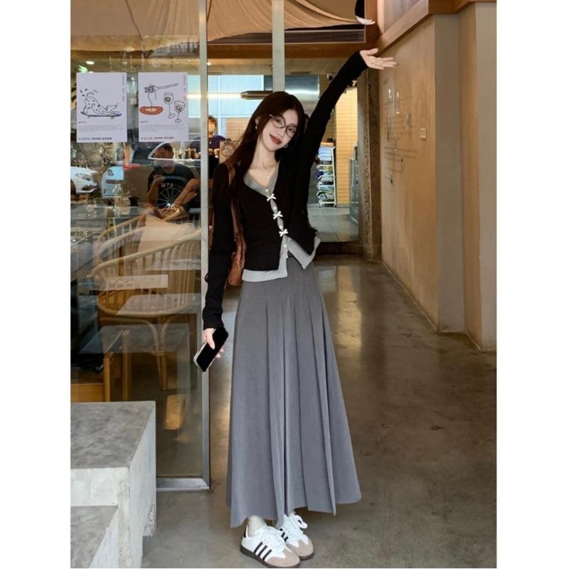 Весна Осень V-образный вырез Имитация двух частей Бант Футболка Женская Длинный рукав Сладкая На каждый день Пуловер Футболка Топ
