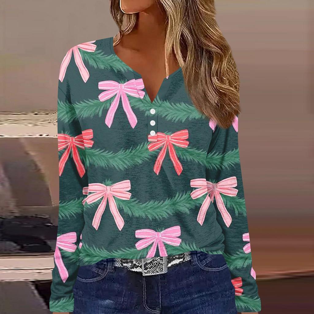 Женская мода повседневная цветочная рождественская печать V-образный вырез с длинными рукавами на пуговицах с длинными рукавами топ