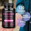Collagen complex capsules containing hydrolyzed fish collagen peptides, 3300 mg, dietary supplement, suitable for adults.