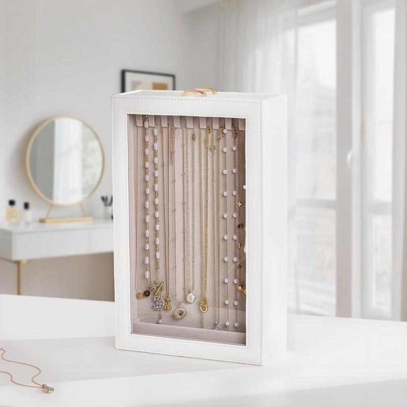 PU Leather Jewelry Box Necklace Organizer Desktop Dustproof Storage Display