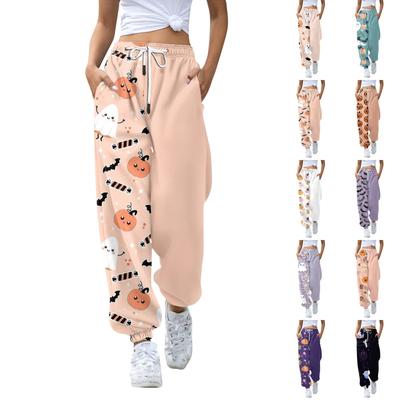 Женские повседневные брюки с принтом на Хэллоуин, эластичные брюки с завязками на талии
