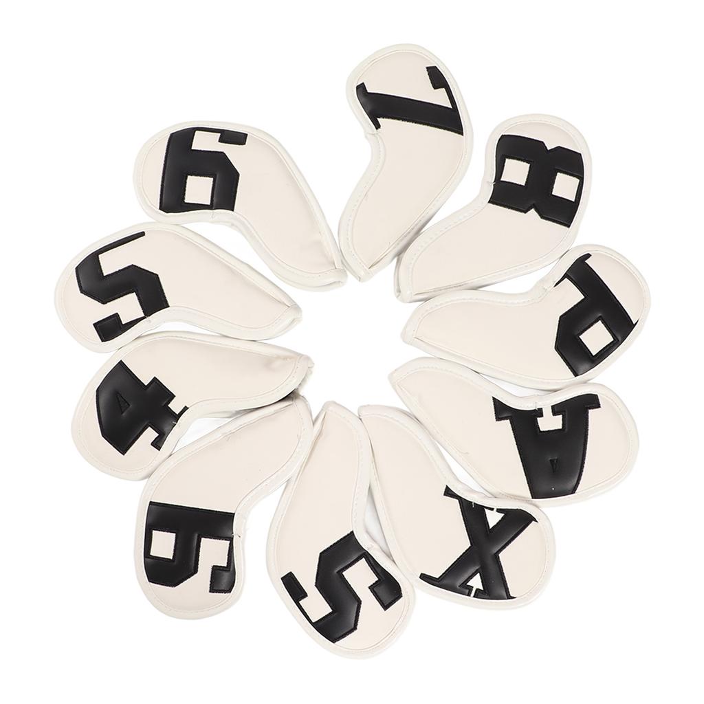 10pcs set PU Waterproof Golf Club Iron Cover Fine Sewing Process Golf Club Head Protect Case(Black Character White