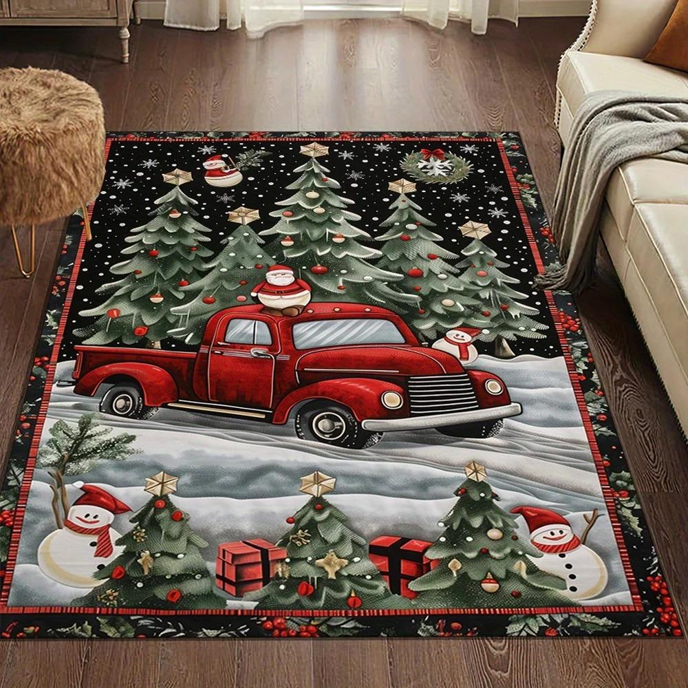 Exquisite Charming Snowman & Red Truck Area Rug - Soft Comfortable Polyester Carpet for Home Decor, Perfect Gift Idea Ornaments