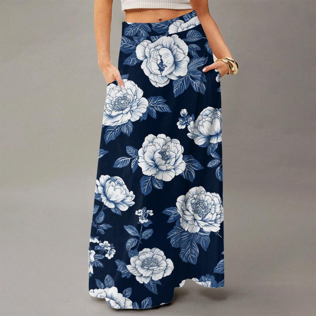 Женская повседневная складная юбка макси с цветочным принтом, высокой талией и карманом, с драпировкой