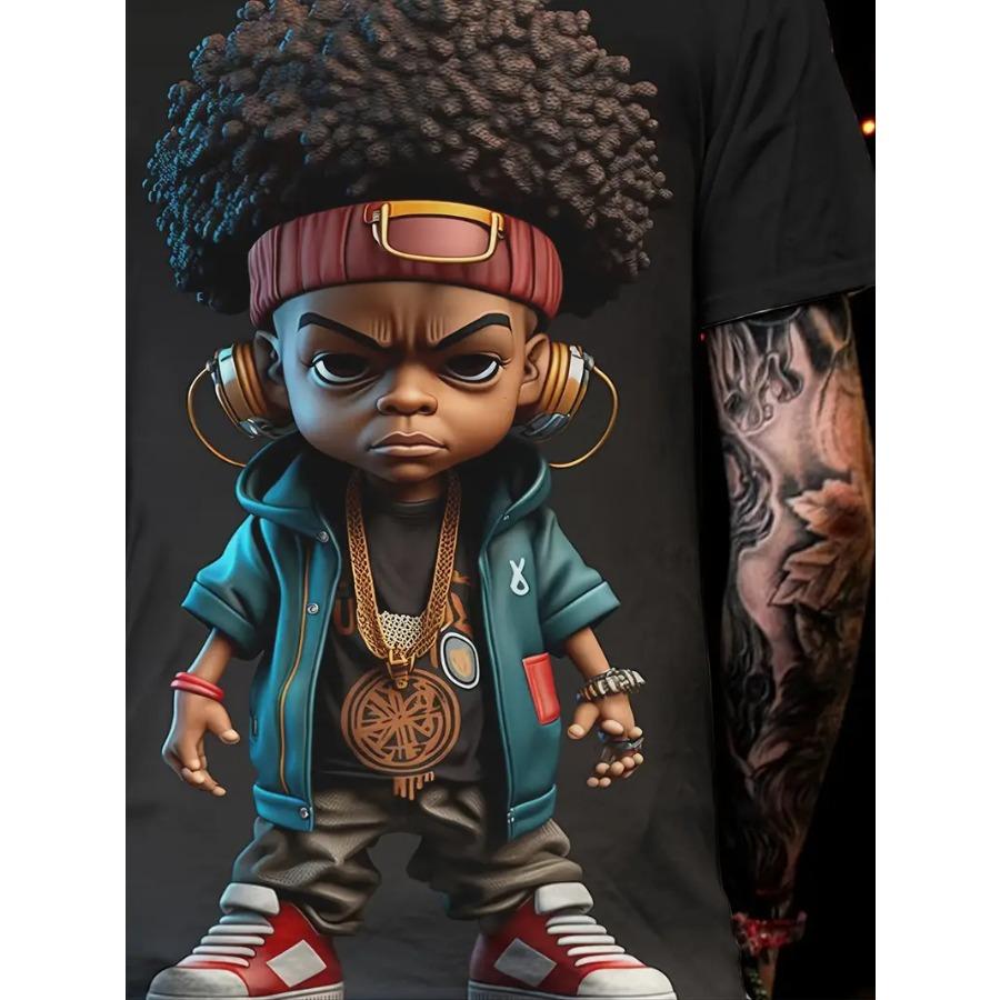 Plus Size Cartoon Character Graphic Tee - Vibrant All-Over Print, Casual Crew Neck, Short Sleeve Outdoor Sports Big & Tall Guys Fashion Essential