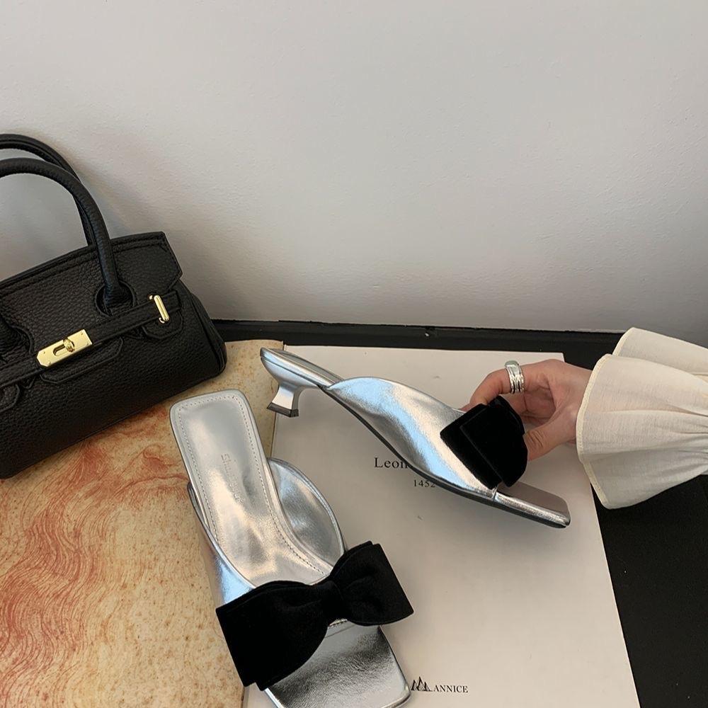 Мода 2025 Новая Мода Бант Дизайнер Женские Мюли Шлепанцы Уличные Квадратный Носок Тонкий Высокий Каблук Сандалии Вечеринка Платье Туфли Шлепанцы