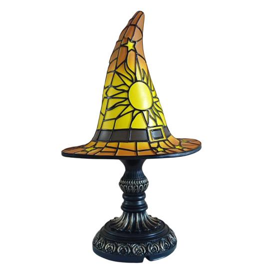 Nostalgie Stained Glass Witch Hat Lamp, USB Powered Night Light for Bedroom Shelf Decor, Halloween Warm Glow Gothic Table Lamp Home Office