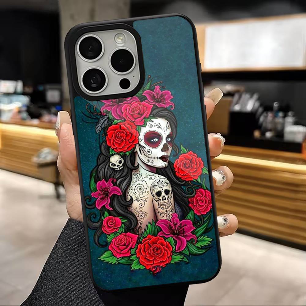 Чехол для телефона «Девушка-череп Катрина» Мексиканский Для iPhone 16,15,14,13,12,11,Pro,Max,Plus,Mini,Magsafe, Магнитный чехол для беспроводной зарядки