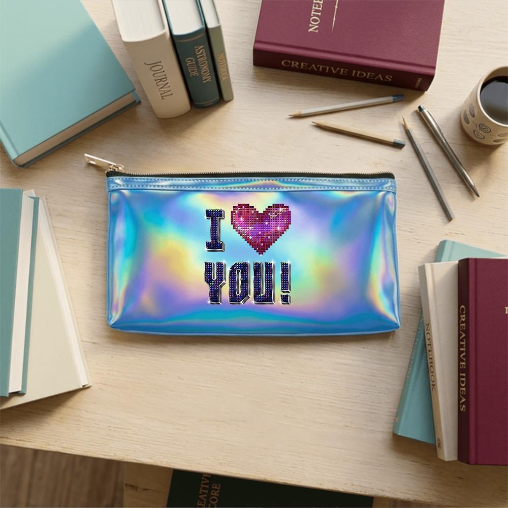 Geometric Heart Pattern Shiny Laser Cosmetic Makeup Bag, Holographic Travel Toiletry Organizer Pouch for Girls Women Daily Makeup Storage Gift
