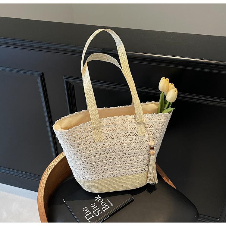 Летняя соломенная сумка плетеная сумка 2025 пляжная сумка для отпуска на море большая вместимость соломенная универсальная на плечо сумка-ведро