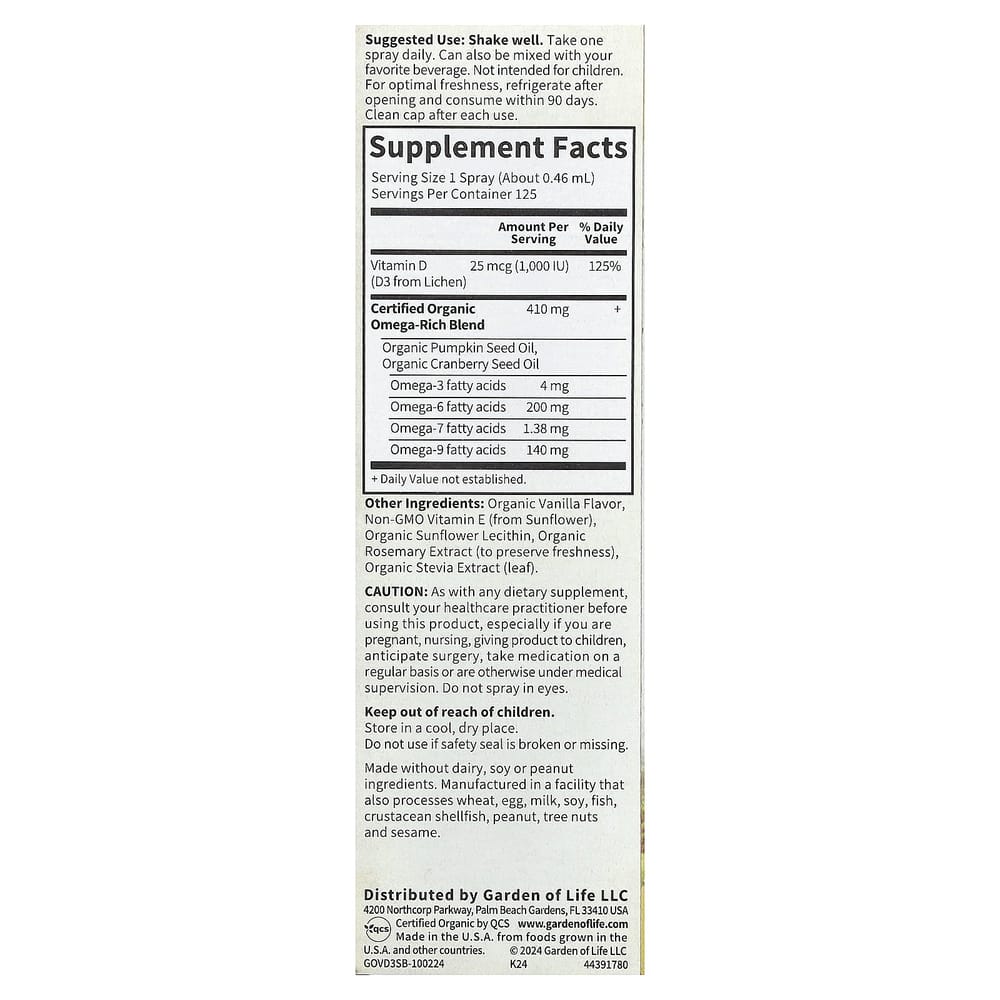 Garden of Life MyKind Organics Vegan D3 Spray Vanilla, 25mcg (1000IU), 58ml (2 fl oz)