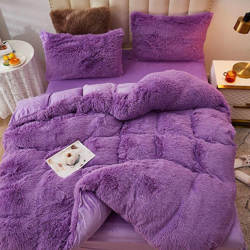 Luxury 4 Piece Super Fluffy Soft Coral Fleece Warm Cozy Mink Bedding Set Velvet Duvet Cover Bedding Set Blanket Bed Cover