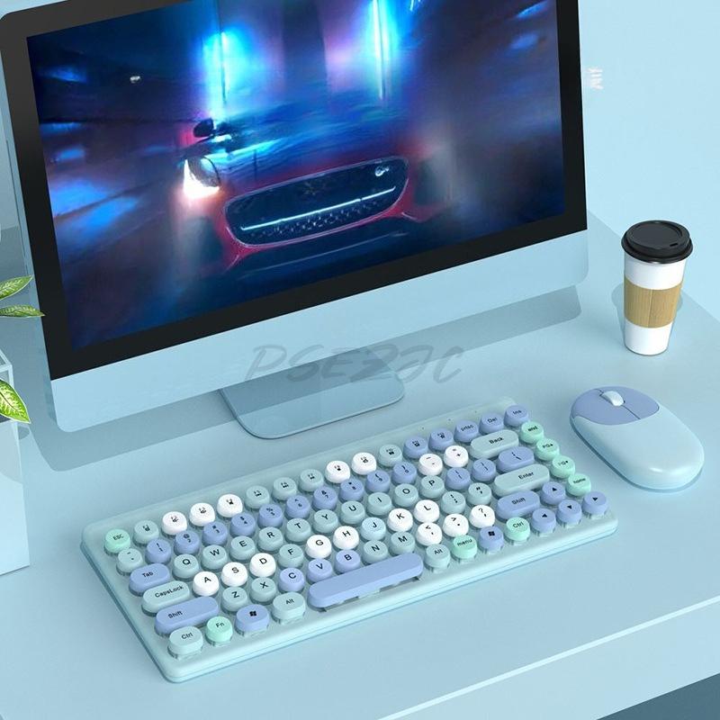Portable Wireless Keyboard and Mouse Set Circular Keycaps Compact Computer Peripherals Office Games RGB Lighting Effects