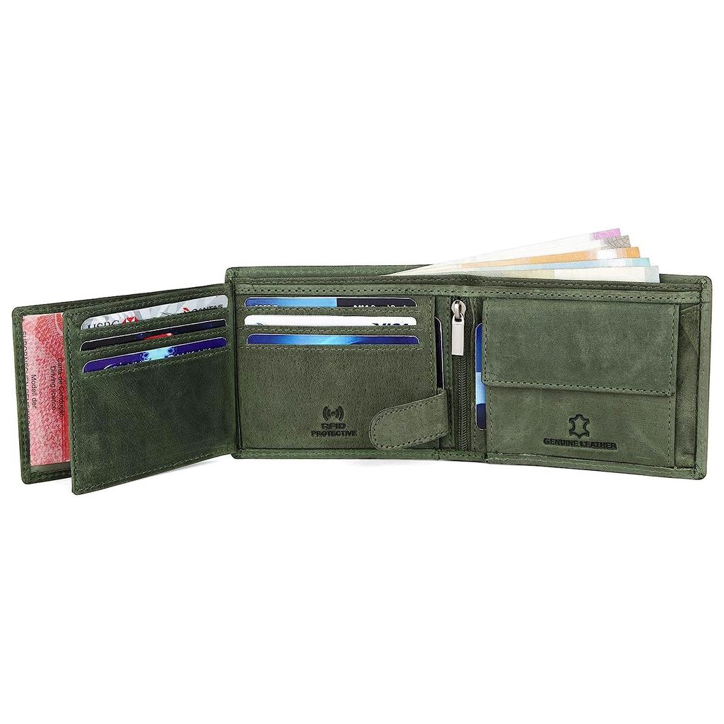 WildHorn Green Leather Wallet for Men I 9 Card Slots I 2 Currency & Secret Compartments I 1 Zipper & 3 ID Card Slots