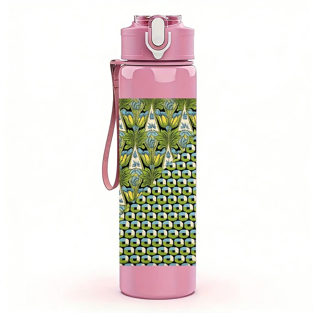1PC Green Geometric Triangle Tile Print 750ml Color Plastic Sports Water Bottle Leakproof Flip Straw Lid Suitable for Sports Office Home Use