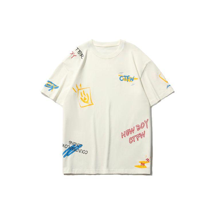 Li-Ning Cf Awesome Sports Fashion Series Свободная футболка с круглым вырезом и короткими рукавами с тематическим принтом Мужские топы Молочно-белый AHSR679-1