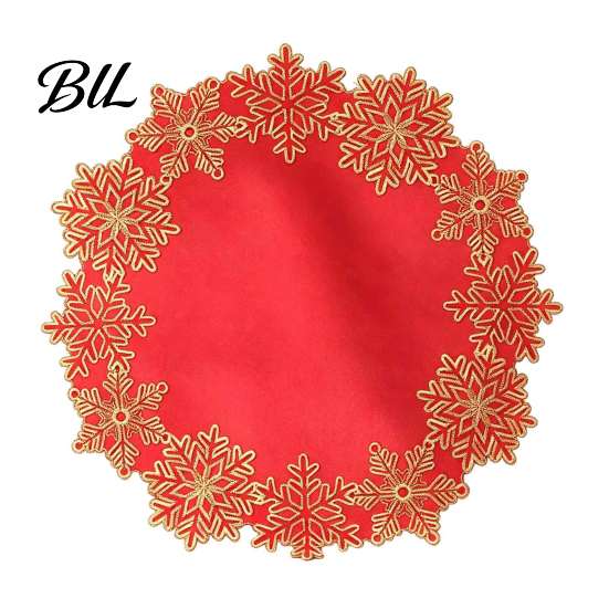Holiday Gift for Family Christmas Embroidered Placemat, Red And Gold Snowflake Table Protective Covers Dinner Mat, Heat Resistant Polyester Decorative