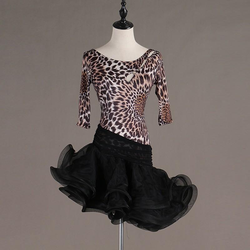 Womens Latin Dance Dress With Cut-Out Round Neck Rumba Cha Samba Costume Stage Performance