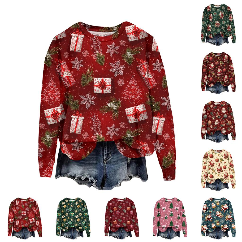 Women's Fashion Christmas Printed Long Sleeve Loose Round Neck Sweatshirt Top