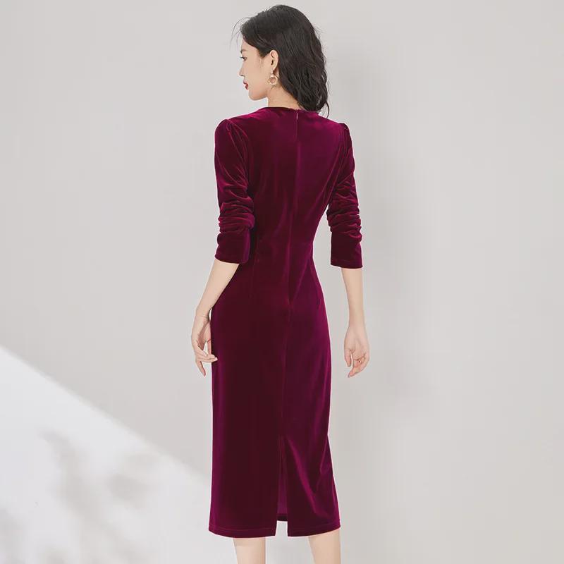 Элегантное бархатное платье: Осень/Зима, узкая талия, плиссировка, круглый вырез горловины