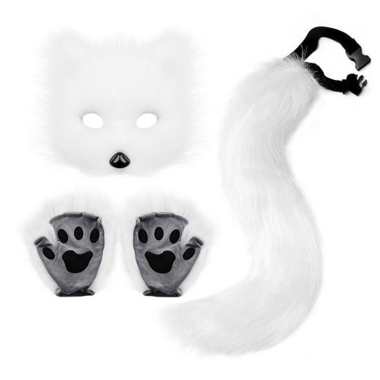 Faux Fur Cat Fox Maque Tail And Paw Gloves Set Handmade Furry Animal Therian Kit Masquerade Halloween Party Cosplay Costume Accessory