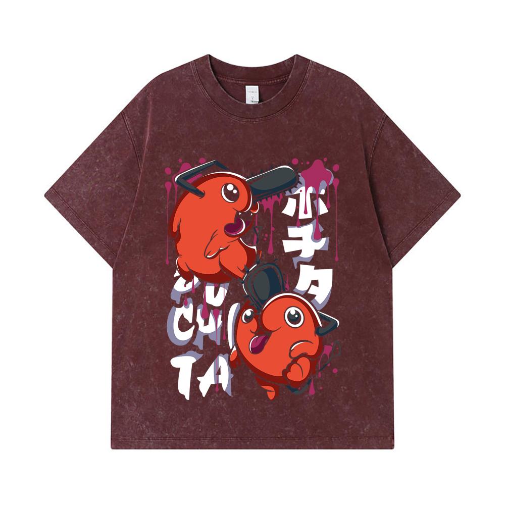 275 GSM Washed T-shirts 100% Cotton Chainsaw Man V37 Pochita Print Unisex Heavy Cotton T Shirt