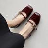 2024 New Square Head Thick Heel Commuting Soft Leather Low Heel Temperament Burgundy French Mary Jane Single Shoes Women