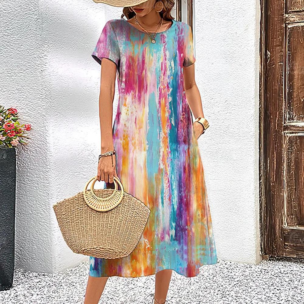Летние платья с короткими рукавами, стильная женская одежда с контрастными цветами, длинное платье с принтом 3D Tie-Dye, женская одежда, свободный свитер с круглым вырезом