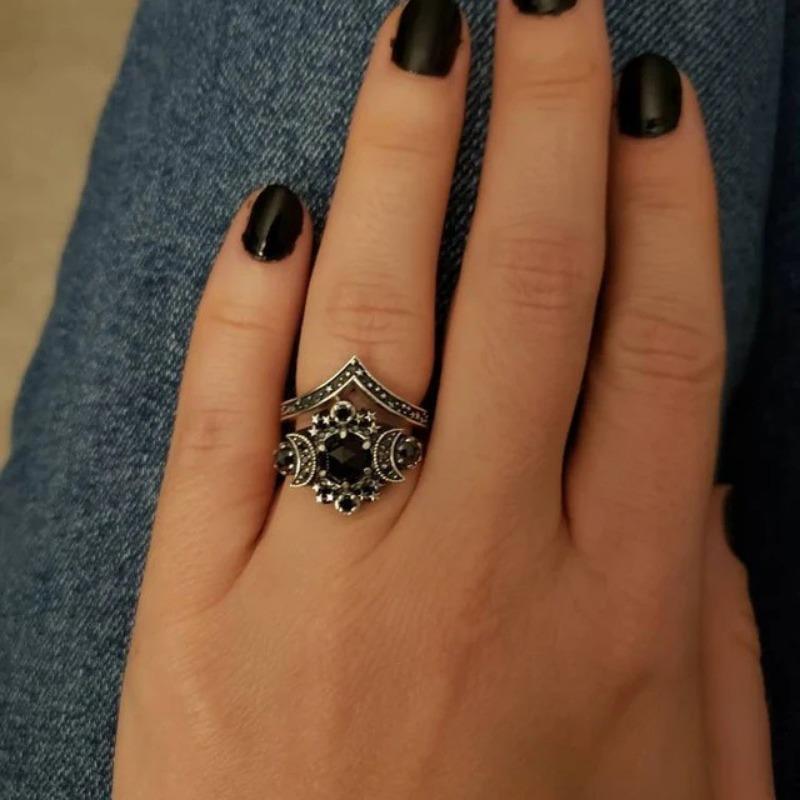 New Gothic Universe Moon Ring Set for Women Vintage Creative Pentagram Black Party Vacation Jewelry Halloween birthday Gifts